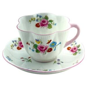 Shelley Bone China Cup and Saucer Rose & Red Daisy Pink Trim Made in England